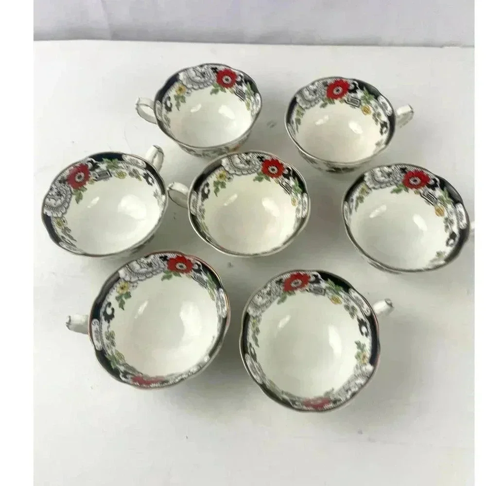 VTG Set of 7 Swansea Tea‎ Cups Floral Pattern Bone China Canton Gold Trim